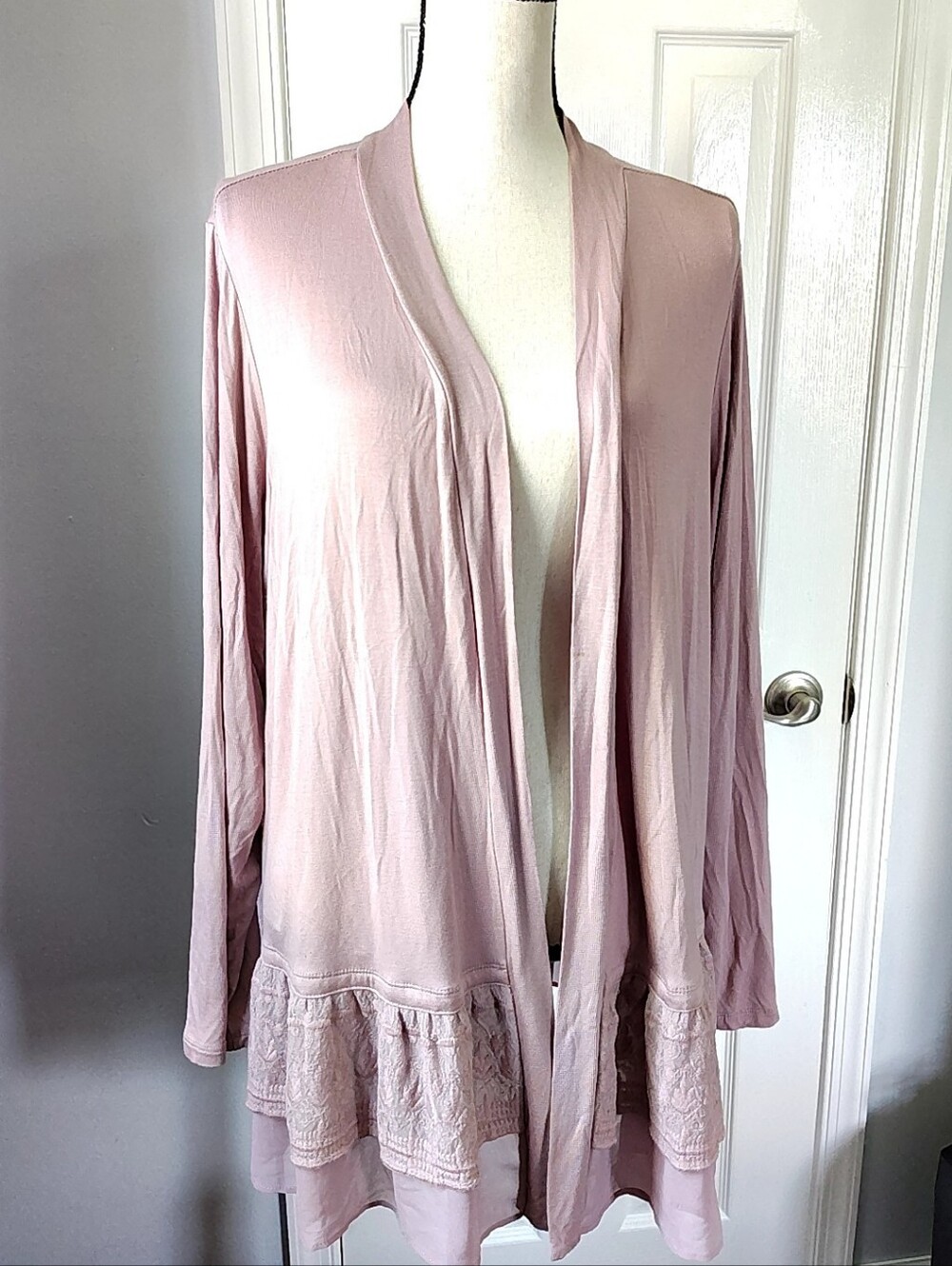 LOGO Lori Goldstein Dusty Rose Lace Trim Open Front Cardigan Jacket Chiffon Hem